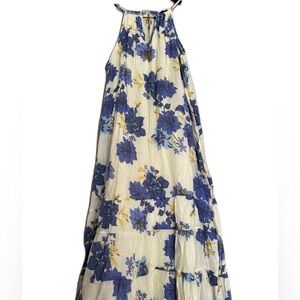 Mlle Gabrielle Women's Floral High Neck Halter Maxi Dress Blue/Yellow Medium EUC